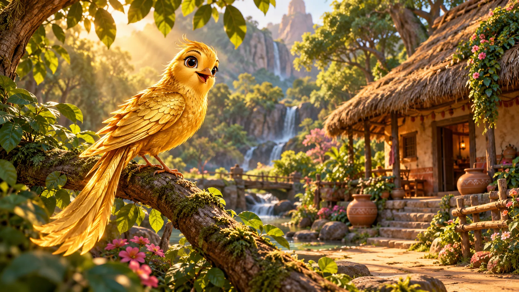 A golden bird in an ancient woodland