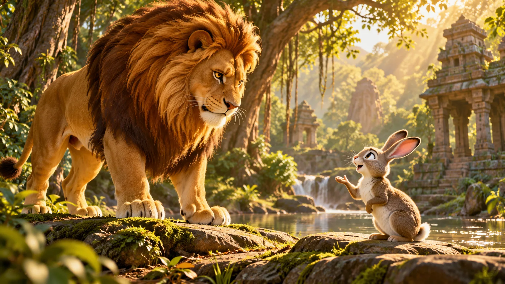 A lion meets a clever rabbit in the forest