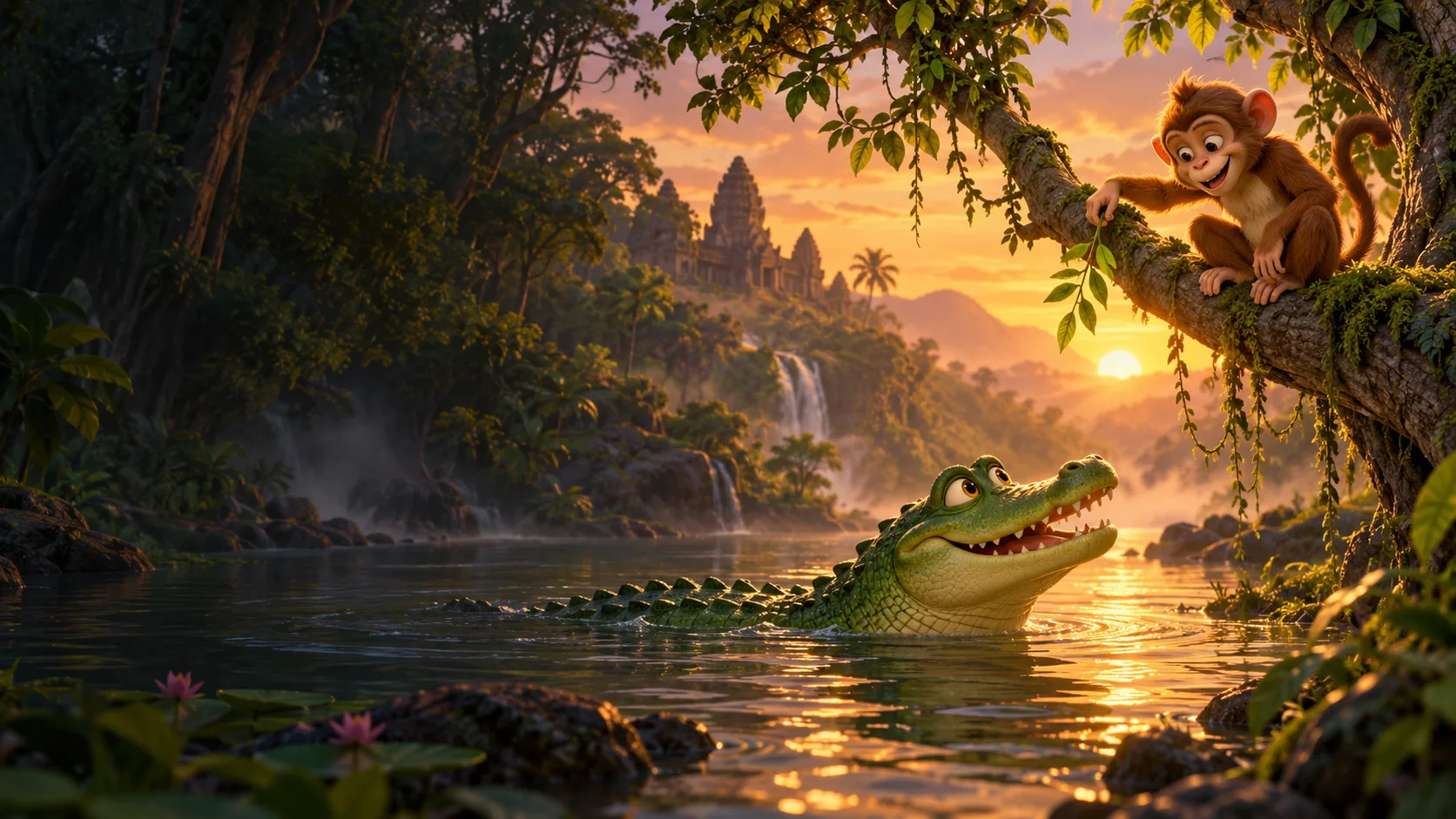 A curious monkey and a crocodile beside an enchanted forest river